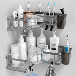 Stainless Steel Double Tier Corner Tripod Rack for Soap and Toiletries Storage Set